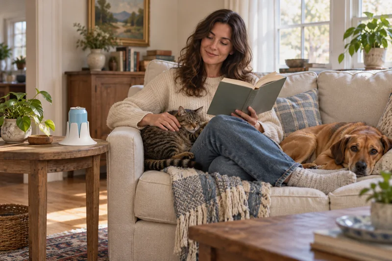 A person and their pets share a sofa, with a drink in Steadi on a reachable side table. AI lifestyle illustration.