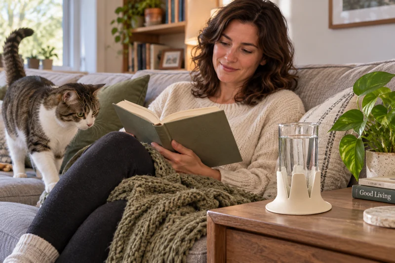 Adult reading on sofa with curious cat nearby with open straight-sided water glass in Steadi on wide fully supported sofa-side surface away from the cat's travel path. AI illustration.